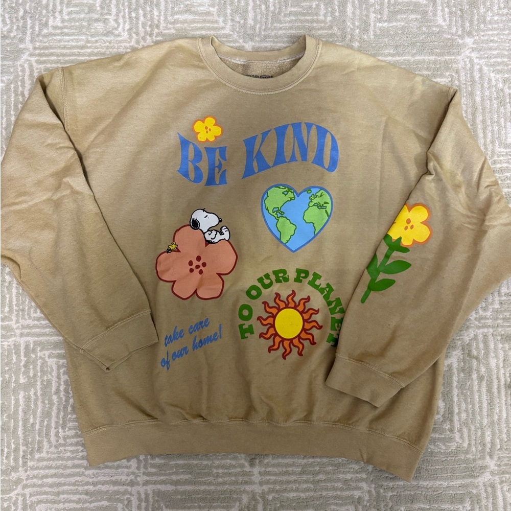 Peanuts Be Kind Graphic Sweatshirt in Tan with Blue & Green Accents